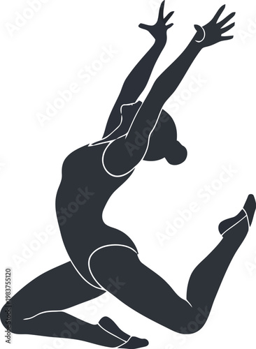 Black silhouette of a female rhythmic gymnast performing a graceful leap isolated on white background
