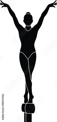 Black silhouette of a female gymnast balancing on a balance beam isolated on white background