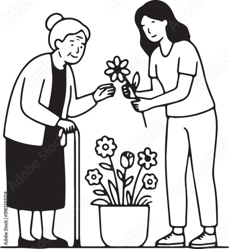 Young woman giving flower to senior woman illustration. graphic symbolizes kindness, intergenerational connection, elderly care, and volunteerism. Great for social services, charity branding.
