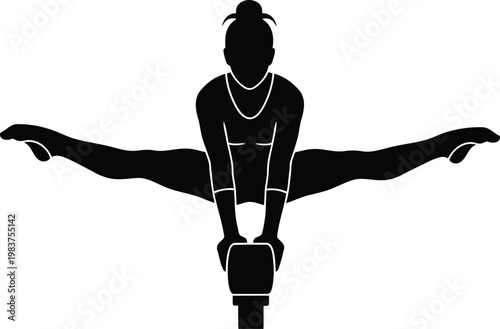 Black silhouette of female gymnast performing straddle split jump on pommel horse isolated on white