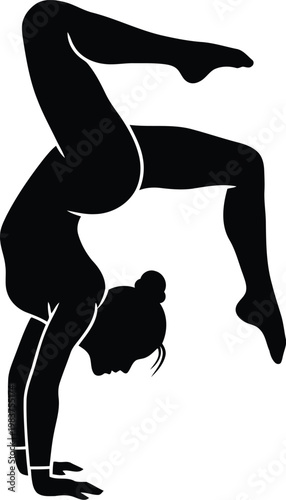Black silhouette of a female gymnast performing a handstand bridge pose isolated on white background