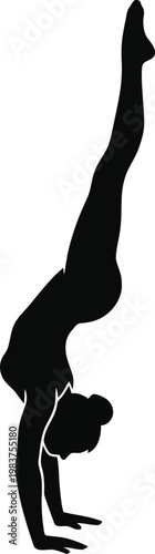 Black silhouette of a female gymnast performing a vertical handstand pose on white background isolated