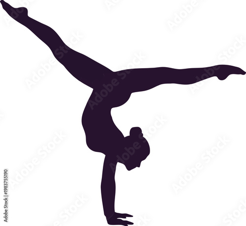Gymnast performing handstand split silhouette isolated on white background for sports and fitness design projects