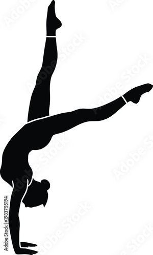 Black silhouette of a gymnast performing a handstand split pose isolated on white background vector