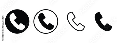Call telephone icon vector set, phone contact symbols including ringing phone, handset, and communication signs for customer support, business websites, apps, and UI/UX design