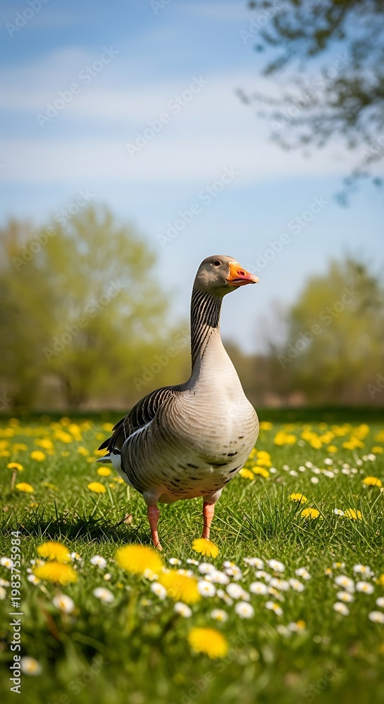 Obraz premium Goose Standing Proudly Amidst a Field of Flowers.