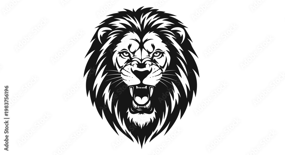 Obraz premium Fierce Lion Head Roaring With Sharp Teeth and Majestic Mane in Black and White