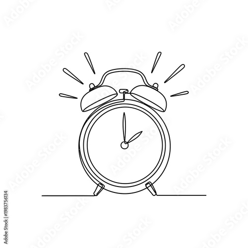 continuous line drawing of an alarm clock ringing with radiating sound waves wake up concept