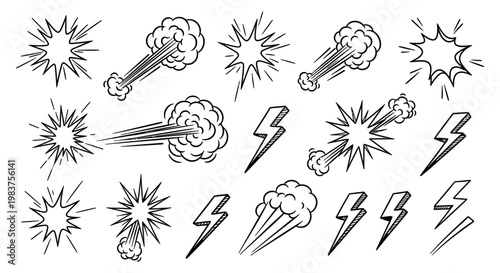 comic book effects hand drawn graphic elements for explosion and lightning bolt doodles illustrating sound effects and motion.