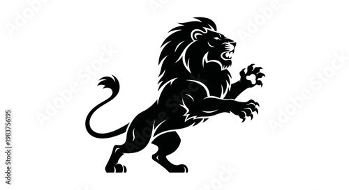 Fotografija Black Silhouette of a Roaring Lion with Raised Paws and Fierce Mane