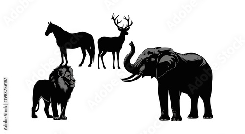 Diverse Animal Silhouettes: Elephant, Lion, Horse, and Deer Grouping