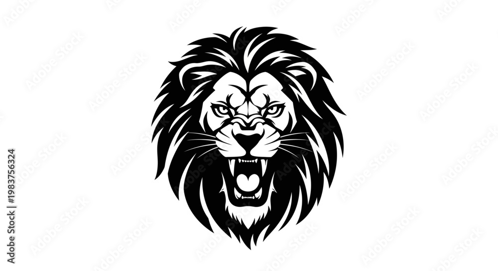 Obraz premium Fierce Roaring Lion Head Black and White Vector Graphic Icon