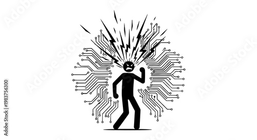 digital stress tech overload mental burnout angry stick figure circuit board elements illustrating frustration psychological impact.