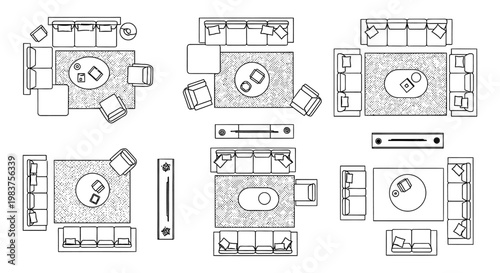 overhead view of modern living room furniture arrangements on rugs