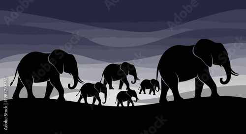 Family Herd of Elephants Walking Silhouetted Against a Moody Night Sky