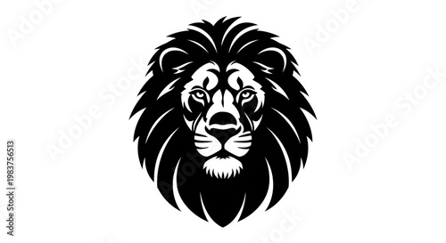 Bold Black and White Lion Head Graphic with Fierce Gaze and Stylized Mane