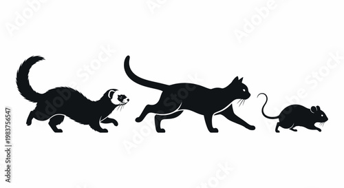 Ferret, Cat, and Mouse Silhouettes Running in Pursuit Across a White Background