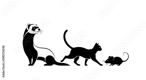 Ferret, Cat, and Mouse Silhouette Trio: A Classic Predator and Prey Dynamic