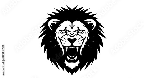 Fierce Black and White Lion Head Emblem Roaring Aggressively