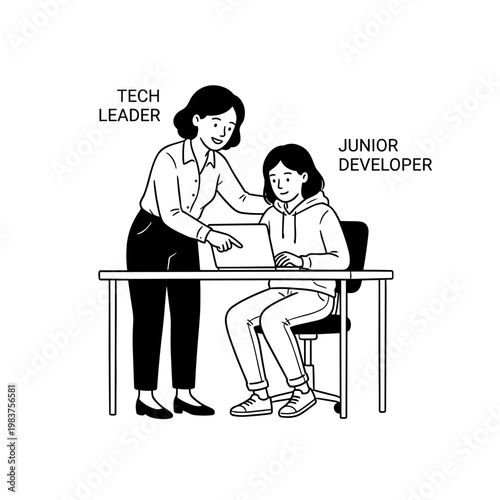 Tech leader guiding junior developer on laptop screen