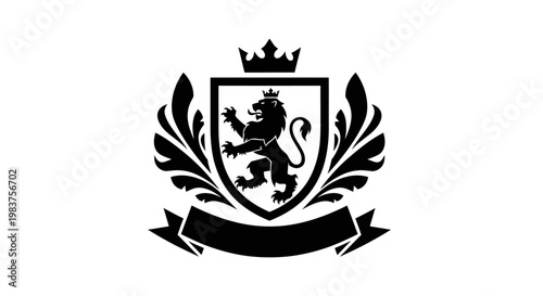 Heraldic Lion Crest with Crown and Ribbon Emblem Design