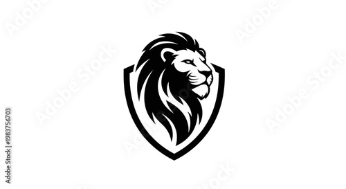 Bold Black Lion Head Logo Emblem on Shield, Majestic King of Jungle Symbol