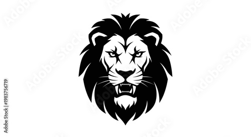 Fierce Black Lion Head Emblem with Open Mouth and Sharp Teeth for Graphic Design