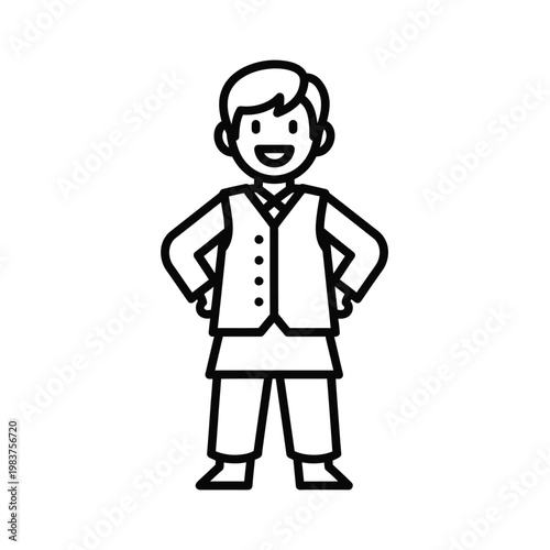 Happy cartoon boy wearing a traditional Indian waistcoat and kurta