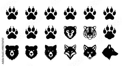 Collection of Animal Paw Prints and Stylized Heads of Bear, Tiger, Fox, and Wolf