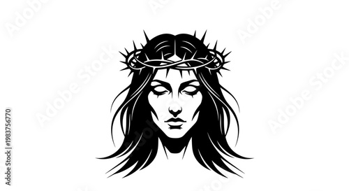 Jesus Christ Face with Crown of Thorns, Suffering, Religious Iconography, Solemn Expression, Black and White Illustration