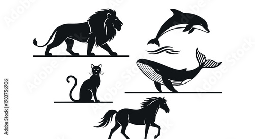 Lion, Dolphin, Whale, Cat, Horse Silhouettes: A Collection of Animal Icons