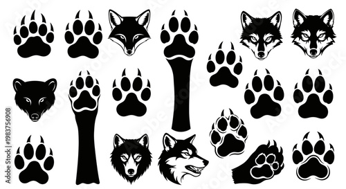 Collection of Black Wolf and Fox Heads with Paw Prints Icons