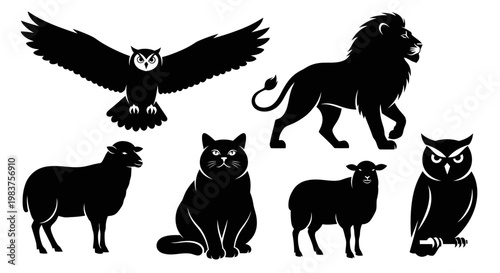 Collection of Black Silhouettes of Animals: Lion, Owls, Cat, and Sheep
