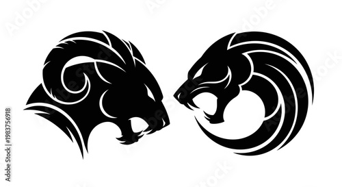 Lion and Ram Heads Confrontation: Fierce Animal Icons Representing Strength and Power