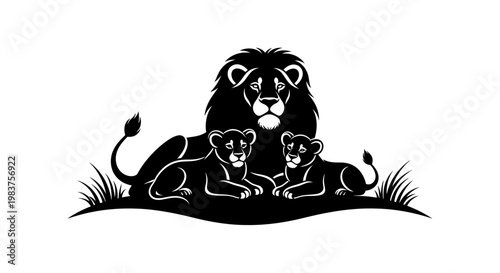 Lion Family Silhouette: Majestic Male Lion and Two Cubs Resting in Grass