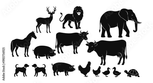 Collection of Diverse Animal Silhouettes: Elephant, Lion, Deer, Horse, Cows, Pigs, Dogs, Rooster, Ducks, Turtle