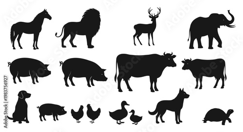 Collection of Diverse Animal Silhouettes Featuring Horse, Lion, Deer, Elephant, Pigs, Cows, Dog, Chickens, Ducks, and Turtle