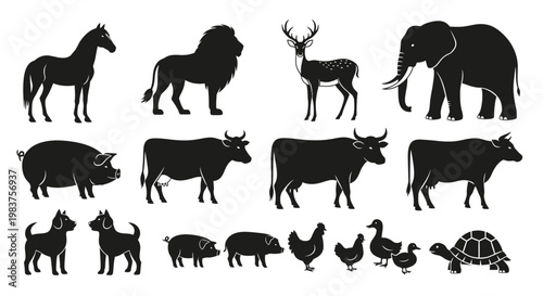 Collection of Diverse Animal Silhouettes: Horse, Lion, Deer, Elephant, Pig, Cows, Dogs, Chickens, Ducks, Turtle