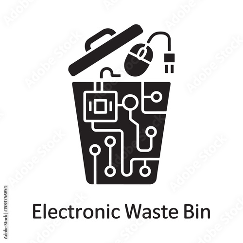 Stylized electronic waste bin icon featuring discarded technology components