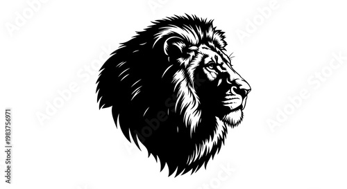 Majestic Black and White Lion Head Illustration Symbolizing Power and Strength