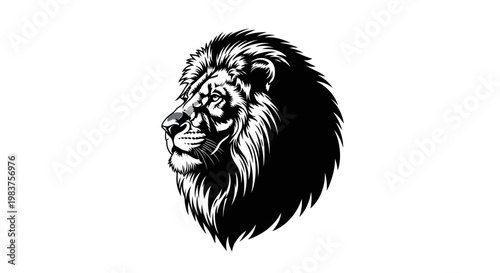 Majestic Black and White Lion Head Illustration with Fierce Expression and Detailed Mane