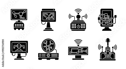 Futuristic Technology Icons: AI, Robotics, Computing, and Network Devices