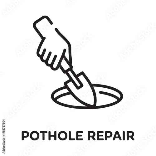 Line art illustration depicting a hand using a tool to fix a pothole