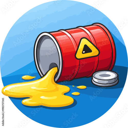 A red barrel with a yellow warning symbol that is leaking and spilling, symbolizes hazardous chemical waste or an oil spill.