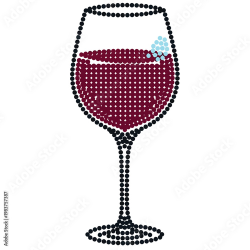 Minimalist dotted wine glass illustration with red liquid and effervescent bubbles
