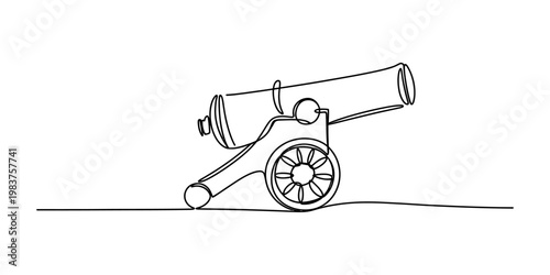 Minimalist continuous line drawing of an antique military cannon isolated on a plain white background Vector, illustration