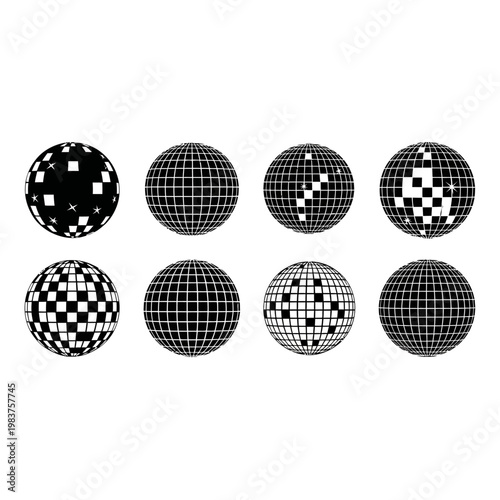 Set of Disco Balls, Retro Party Spheres, Geometric Light Reflectors