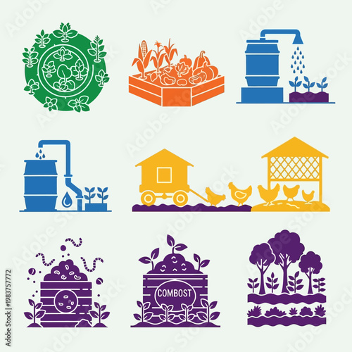 Eco-friendly farming icons: composting, irrigation, chicken coop, crops, trees