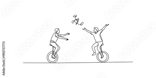 Continuous single line drawing of two people riding unicycles while playing with a small drone Vector, illustration