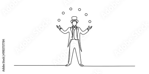A single line drawing of a circus performer wearing a top hat and juggling multiple small balls Vector, illustration